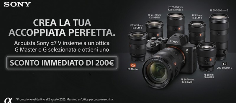 Promozione Sony Alpha 7V in bundle con ottiche fino al 2 agosto 2026