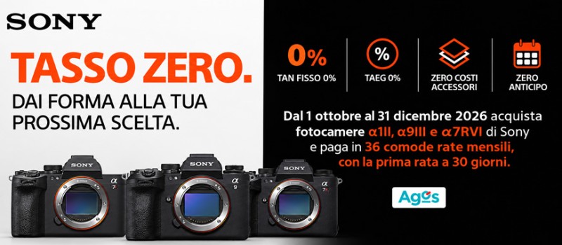 Sony Tasso Zero 36 mesi: finanziamento Agos su α1 II, α9 III e α7R V scade il 31 dicembre 2026